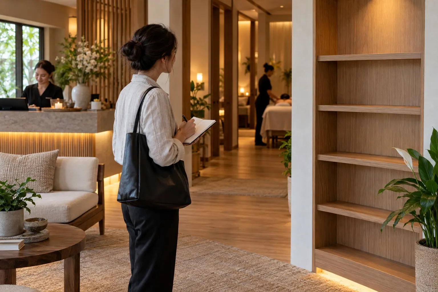 A visitor notices an empty display shelf in the reception area of a neighborhood spa.