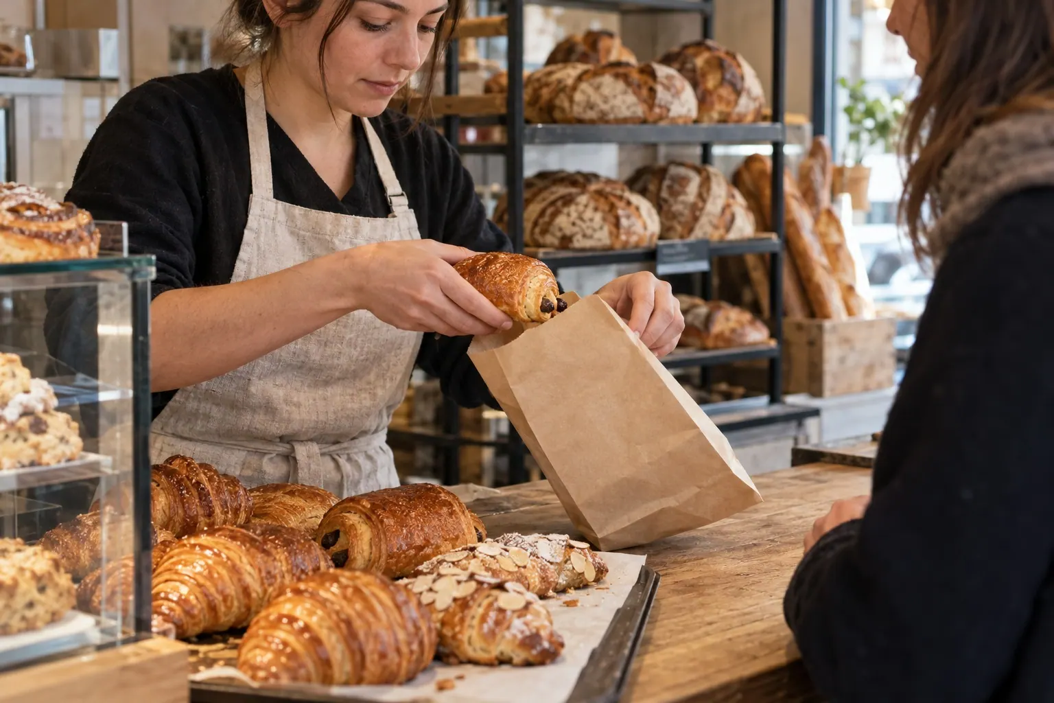 A baker places a pastry into plain kraft packaging for a customer at a clean counter.