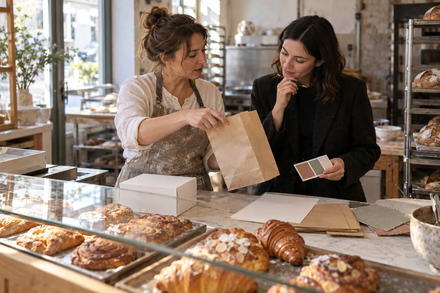 A bakery owner and a design consultant compare blank menu papers, simple packaging, and color swatches at a table.