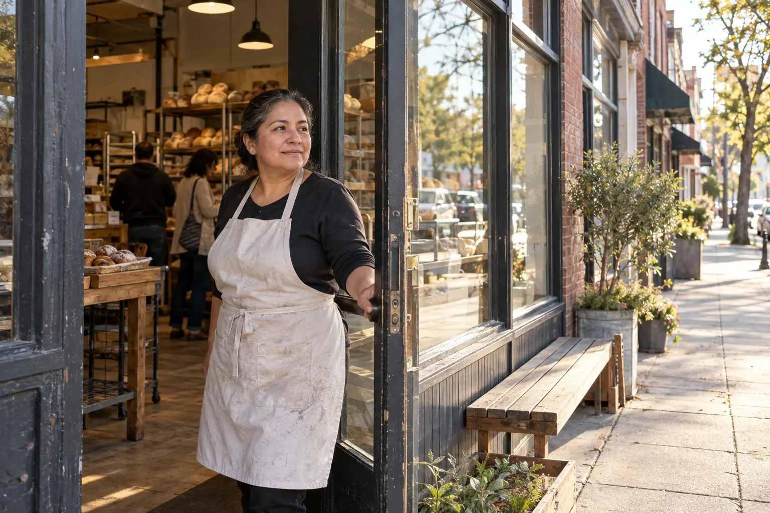 An independent bakery owner stands beside a modest neighborhood storefront with a simple awning and window sign.