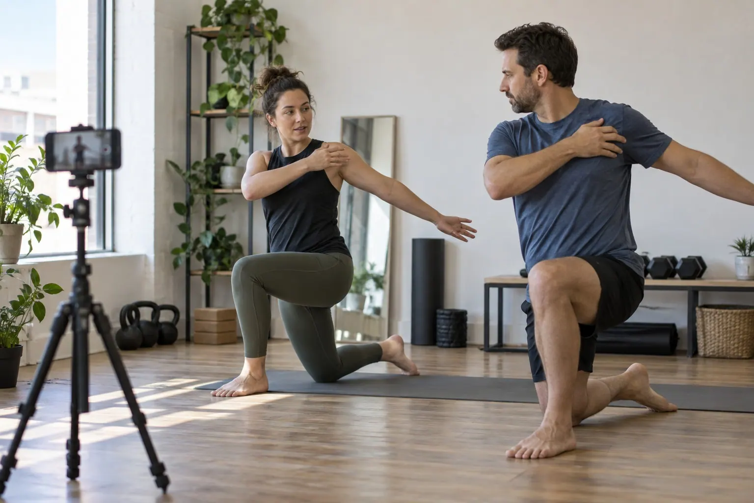 A fitness coach demonstrates a mobility movement while a phone on a tripod records the session.