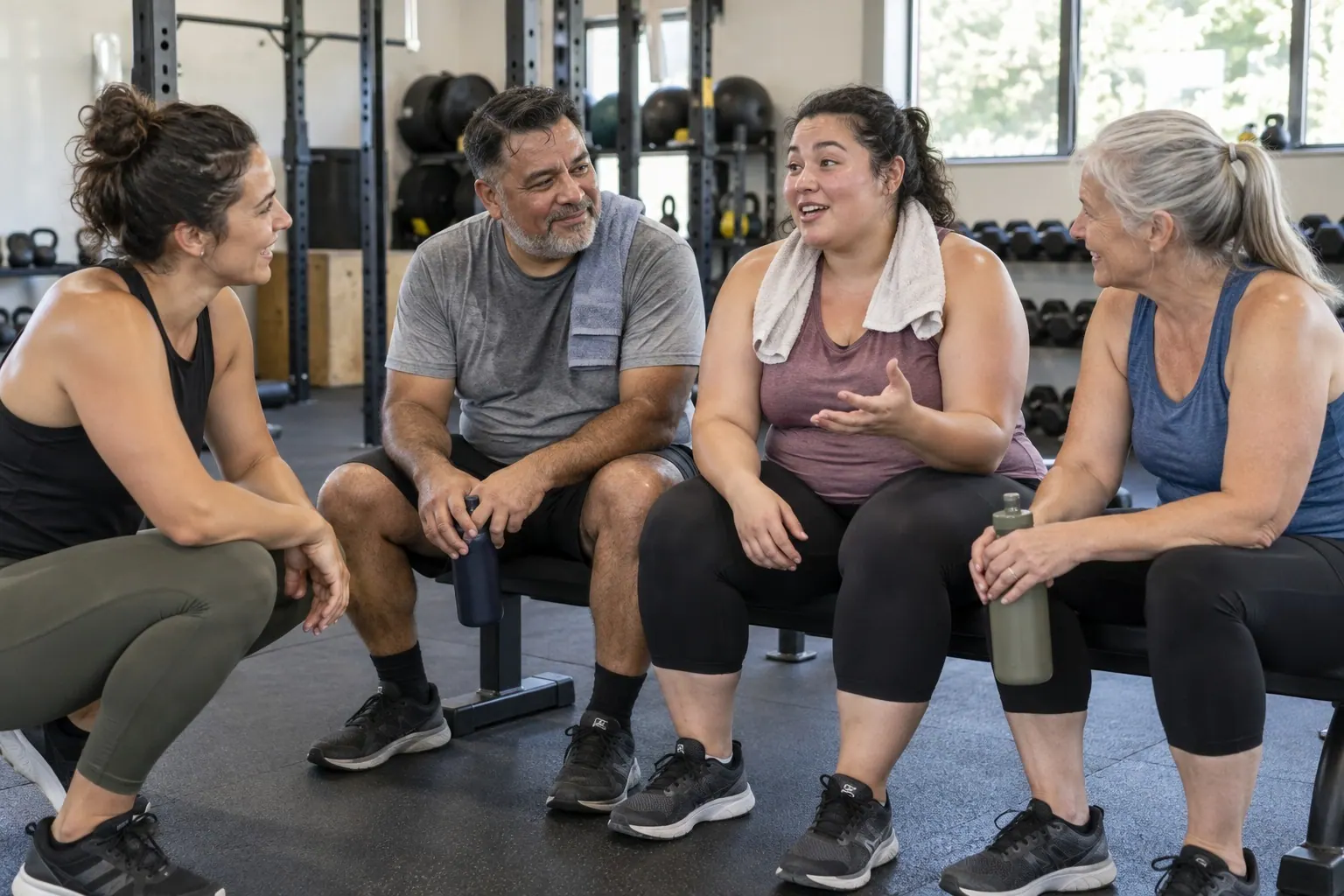 A fitness coach listens to clients talking after a small strength class.