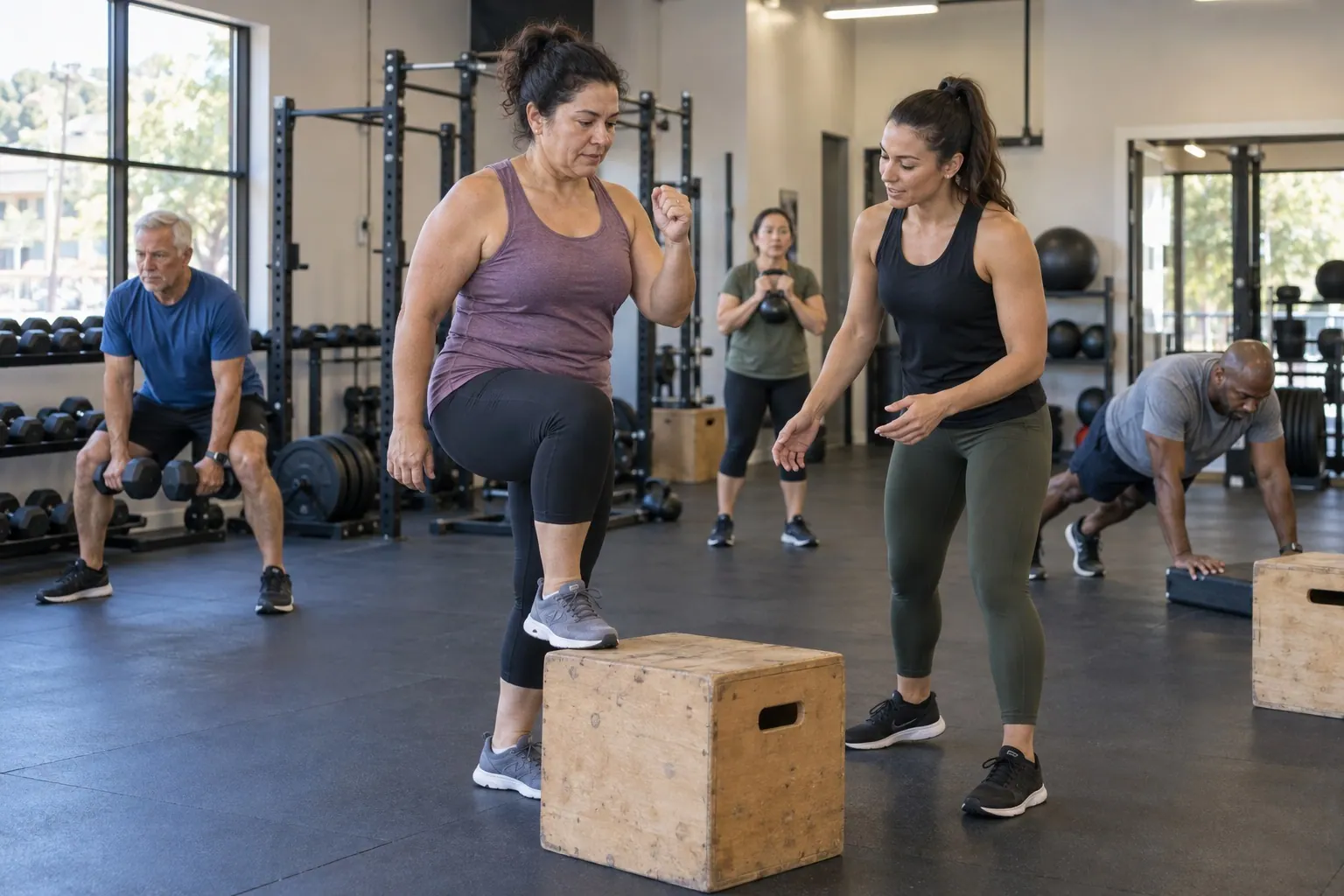 An instructor leads a small group through a strength exercise in a neighborhood gym.