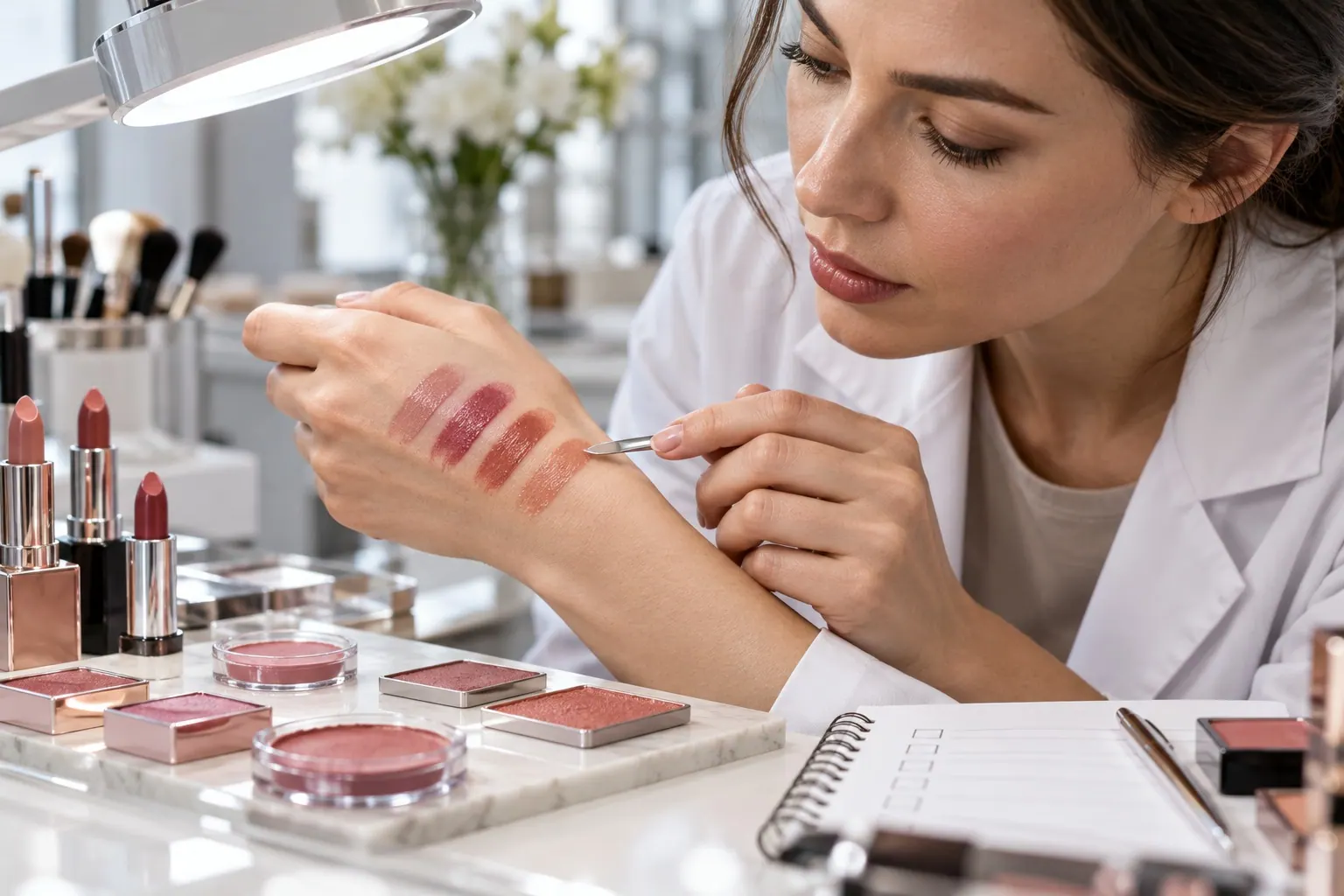 A cosmetics founder examines shade swatches and product texture beside sample packaging and evaluation notes.