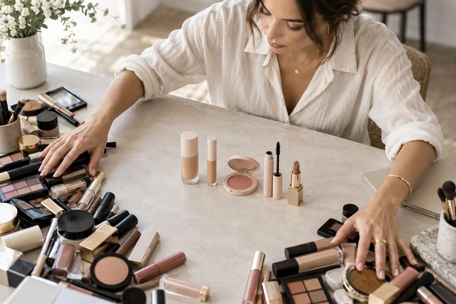 A cosmetics founder reviews a crowded assortment and sets aside a smaller group of products for evaluation.