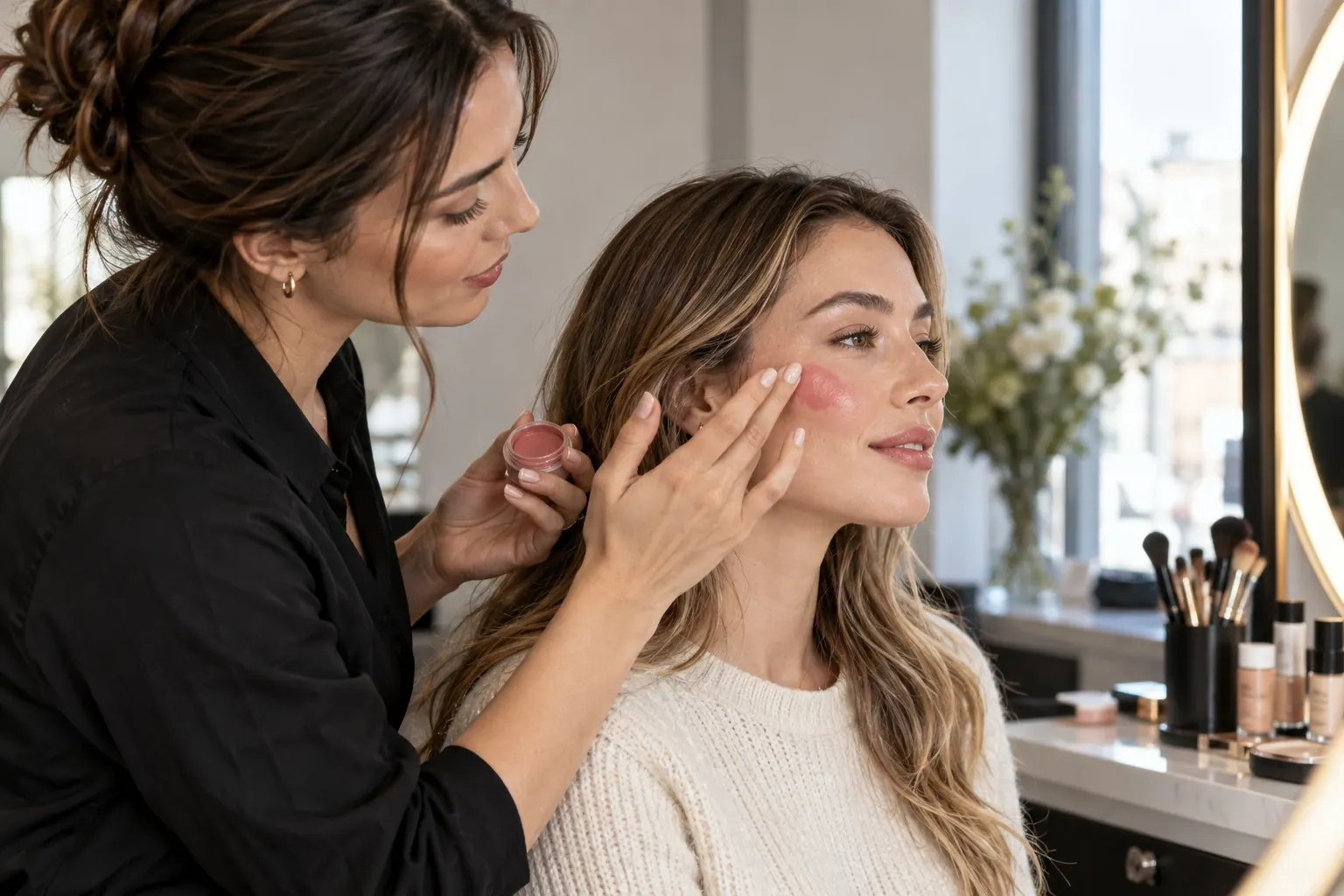 A makeup artist applies cream blush to a client while evaluating its texture and finish.