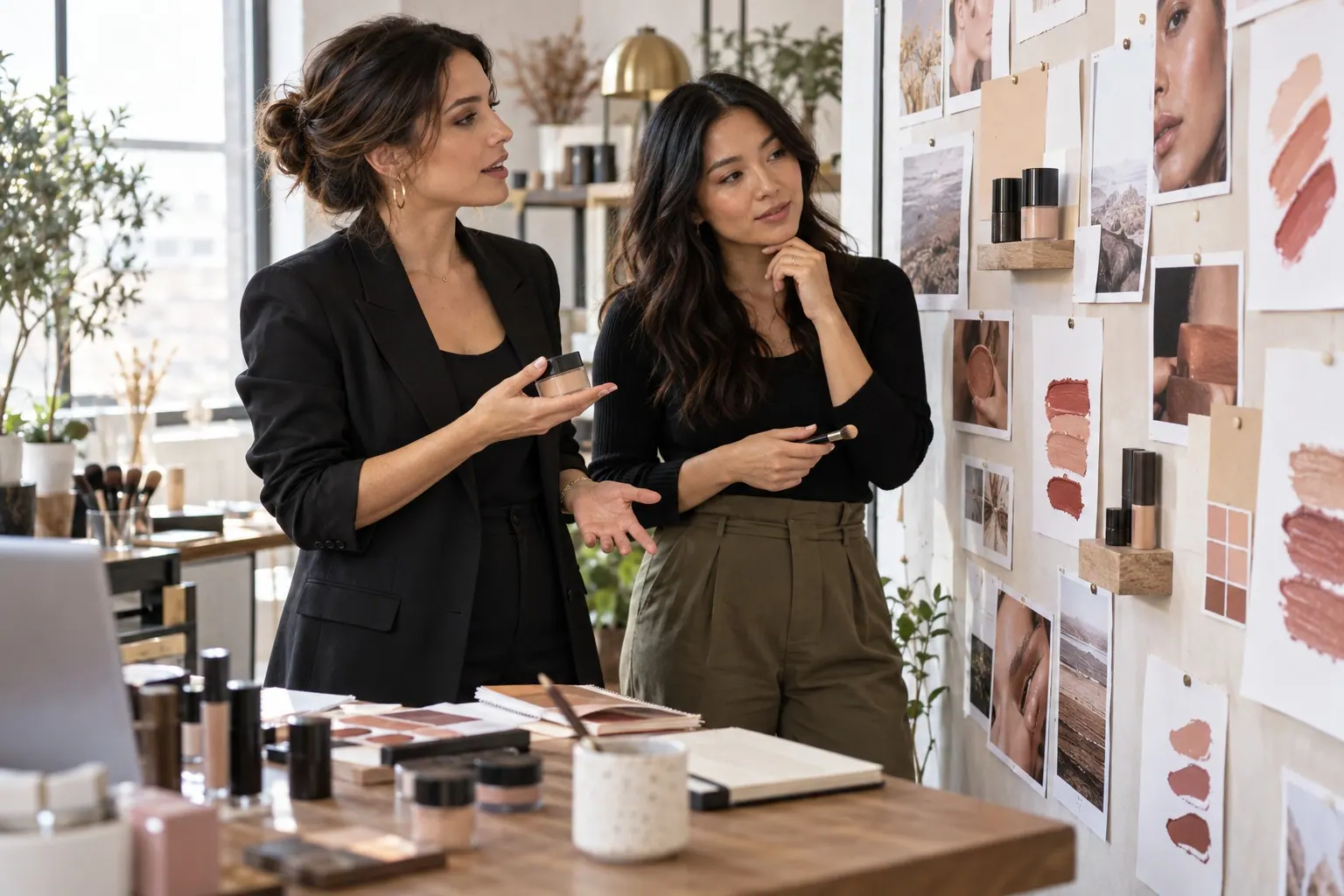 Two beauty founders review product samples, shade references, and customer feedback while planning a measured next release.