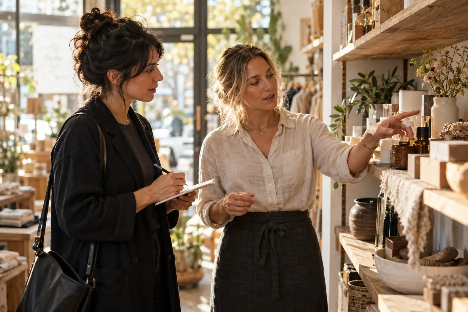 A designer and client discuss ongoing work while reviewing project samples.