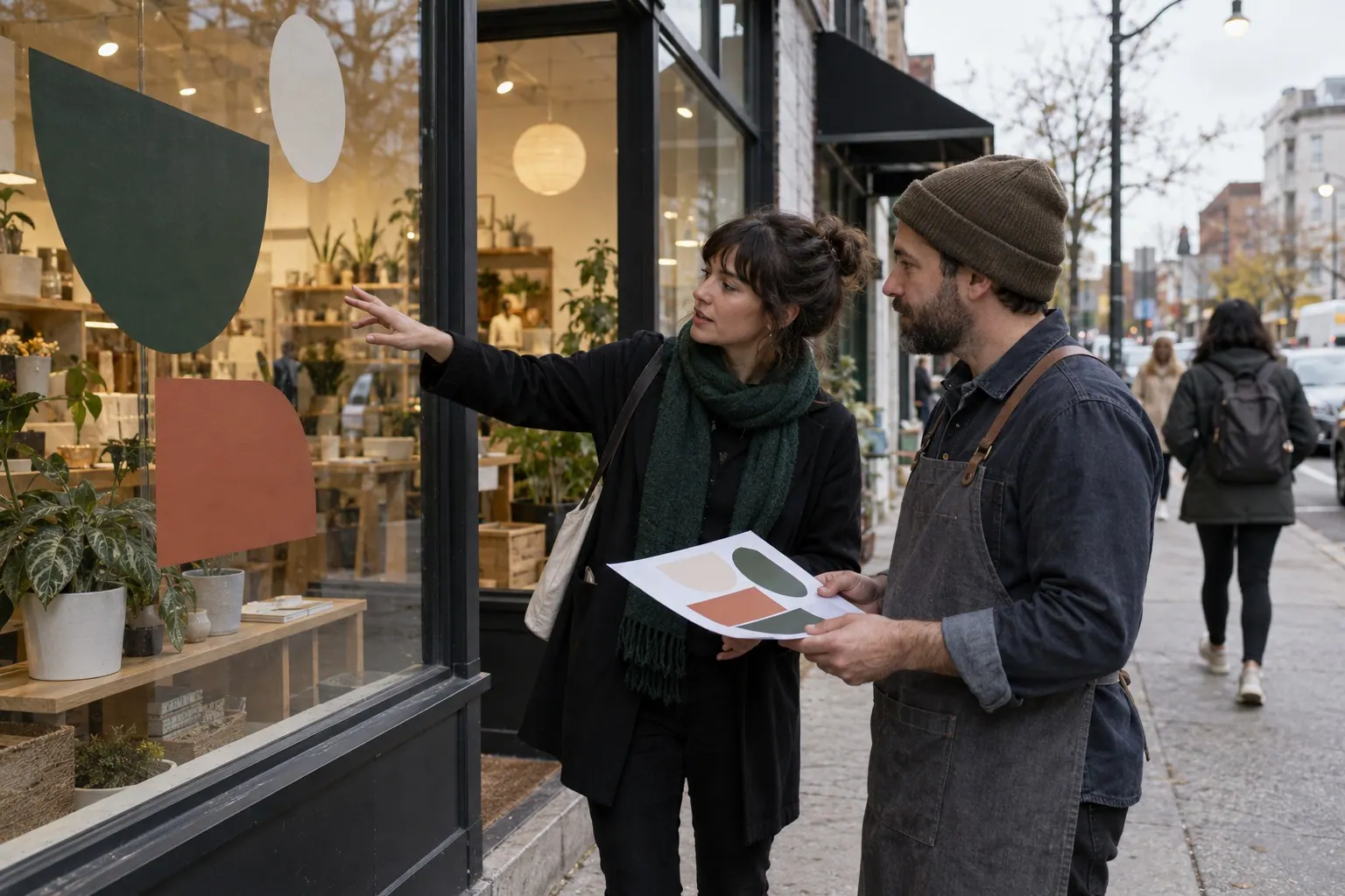 A designer and client review visual samples outside a retail studio.