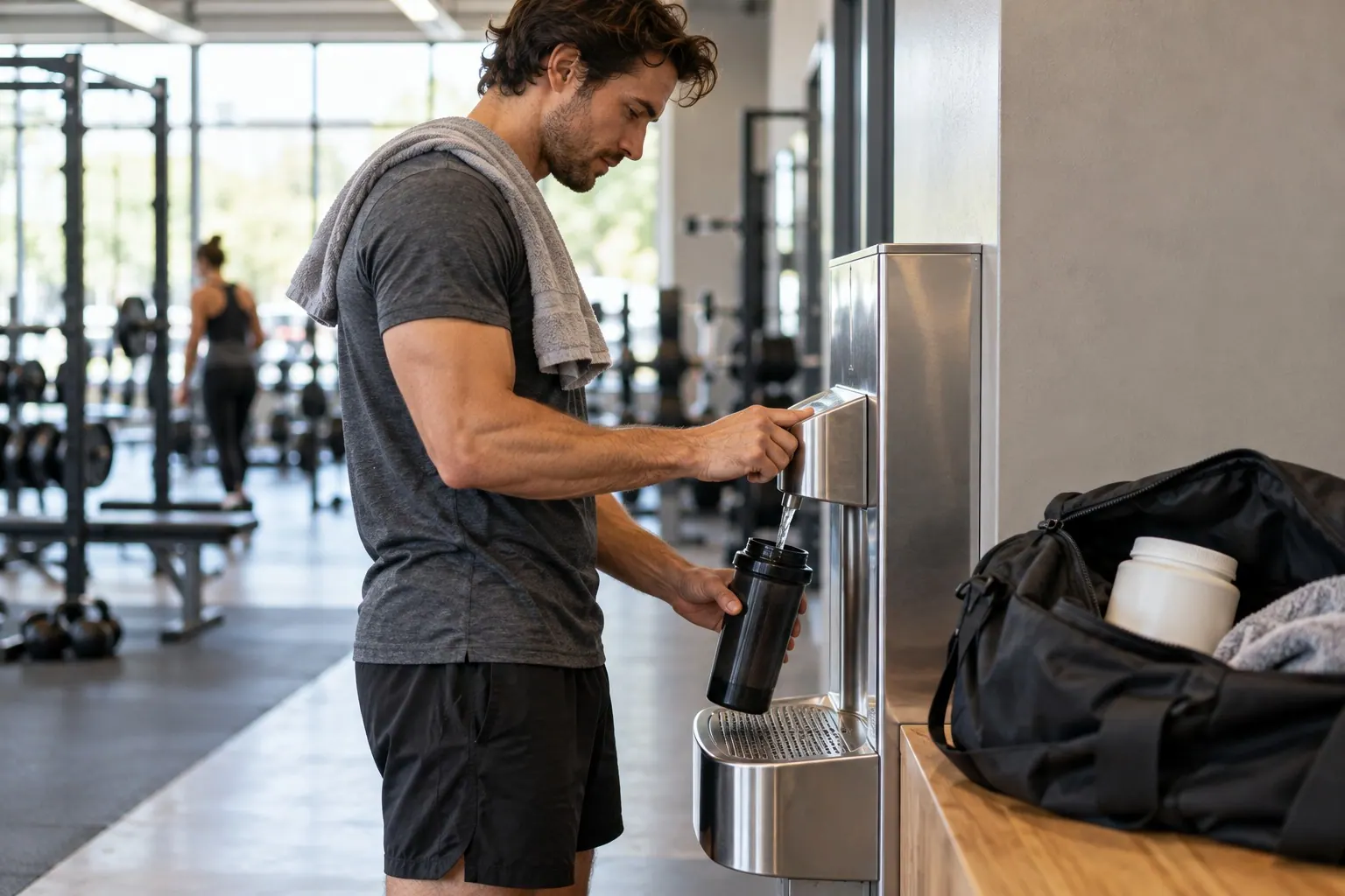 An adult prepares a shaker after exercising while a closed supplement container stays in a gym bag.