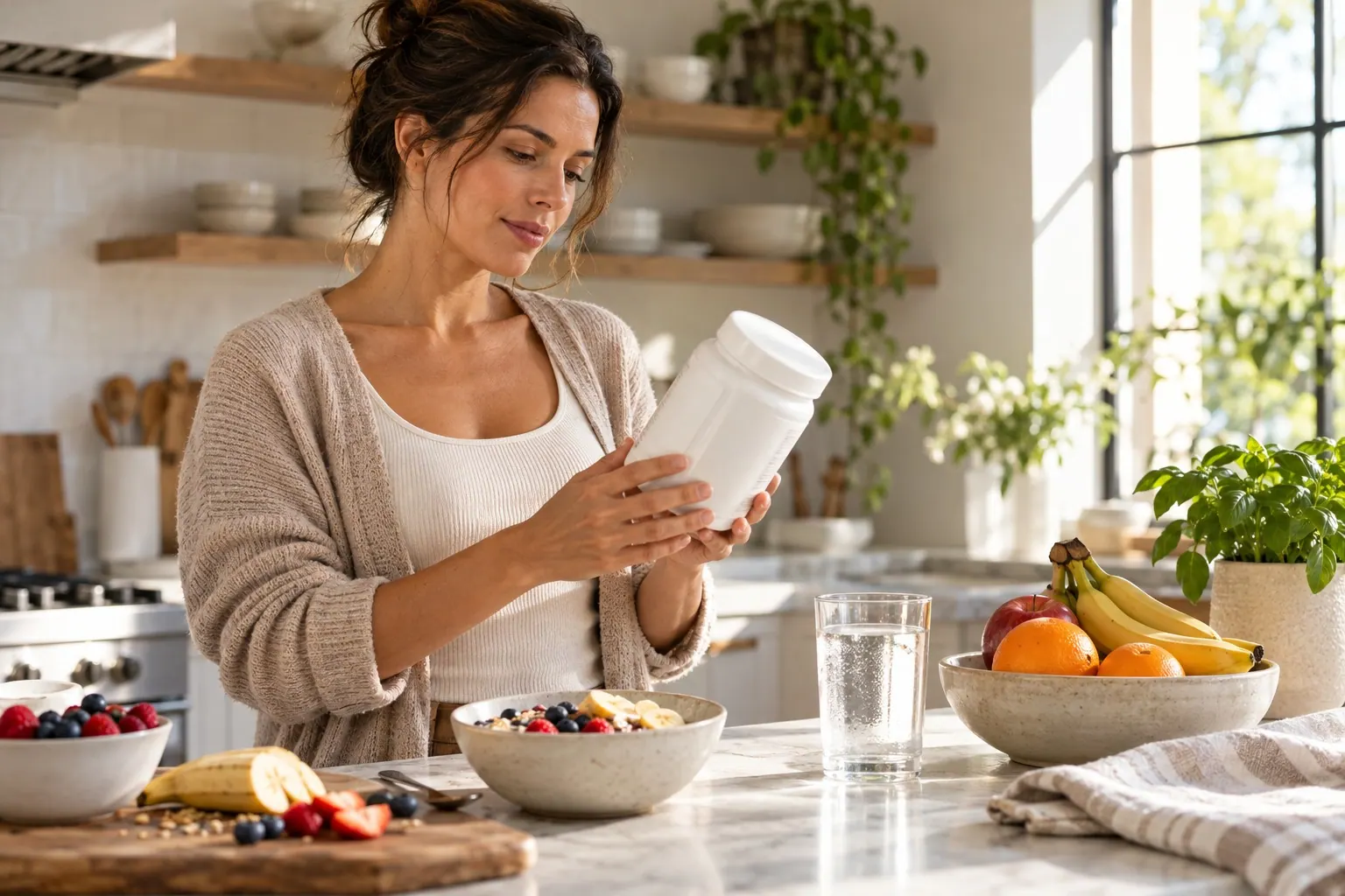 An adult reviews an unbranded supplement container as part of a morning routine at home.
