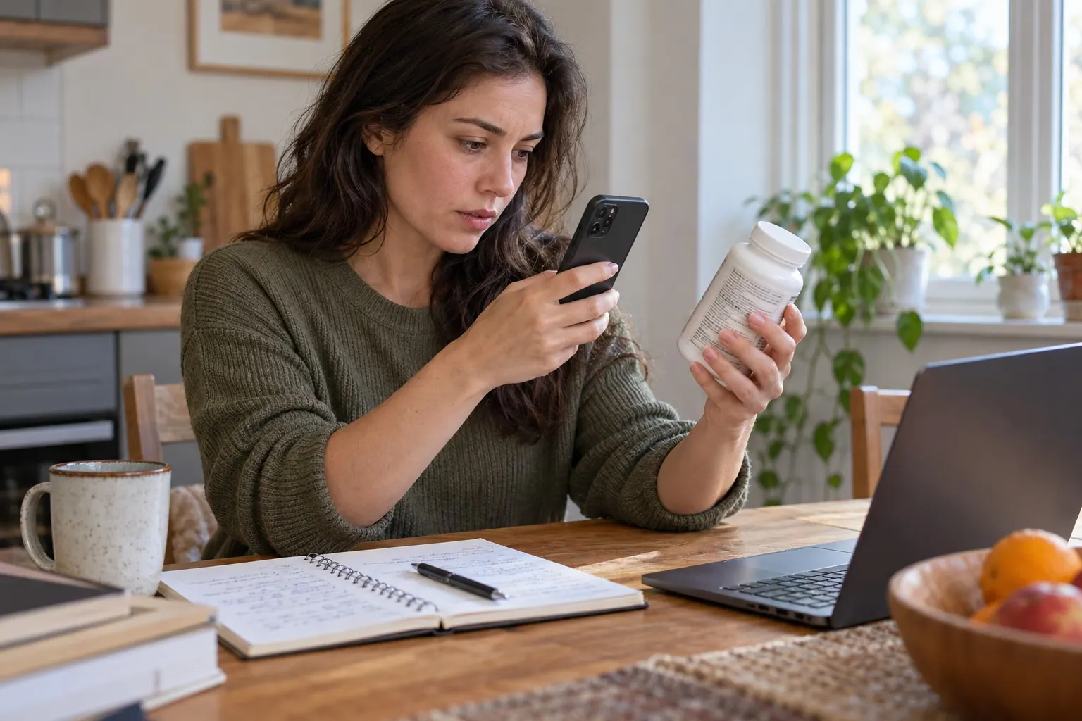 An affiliate researcher photographs an unbranded supplement label and compares it with research notes at a home table.