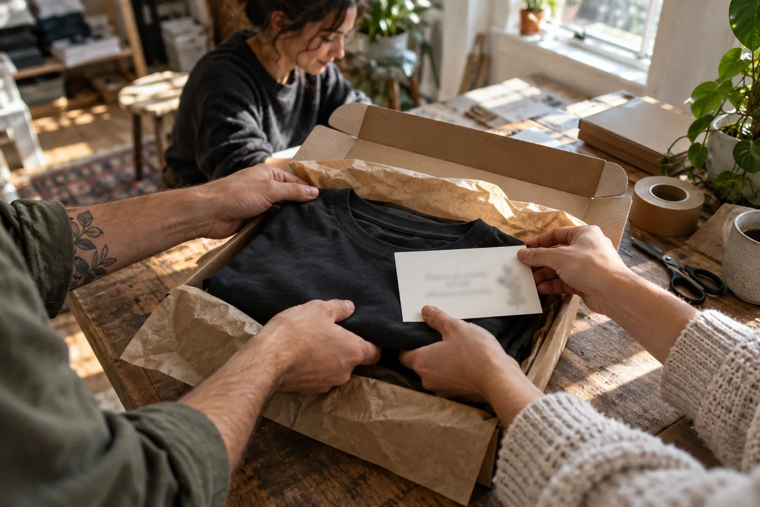 A creator and collaborator package a shirt and note for an order.