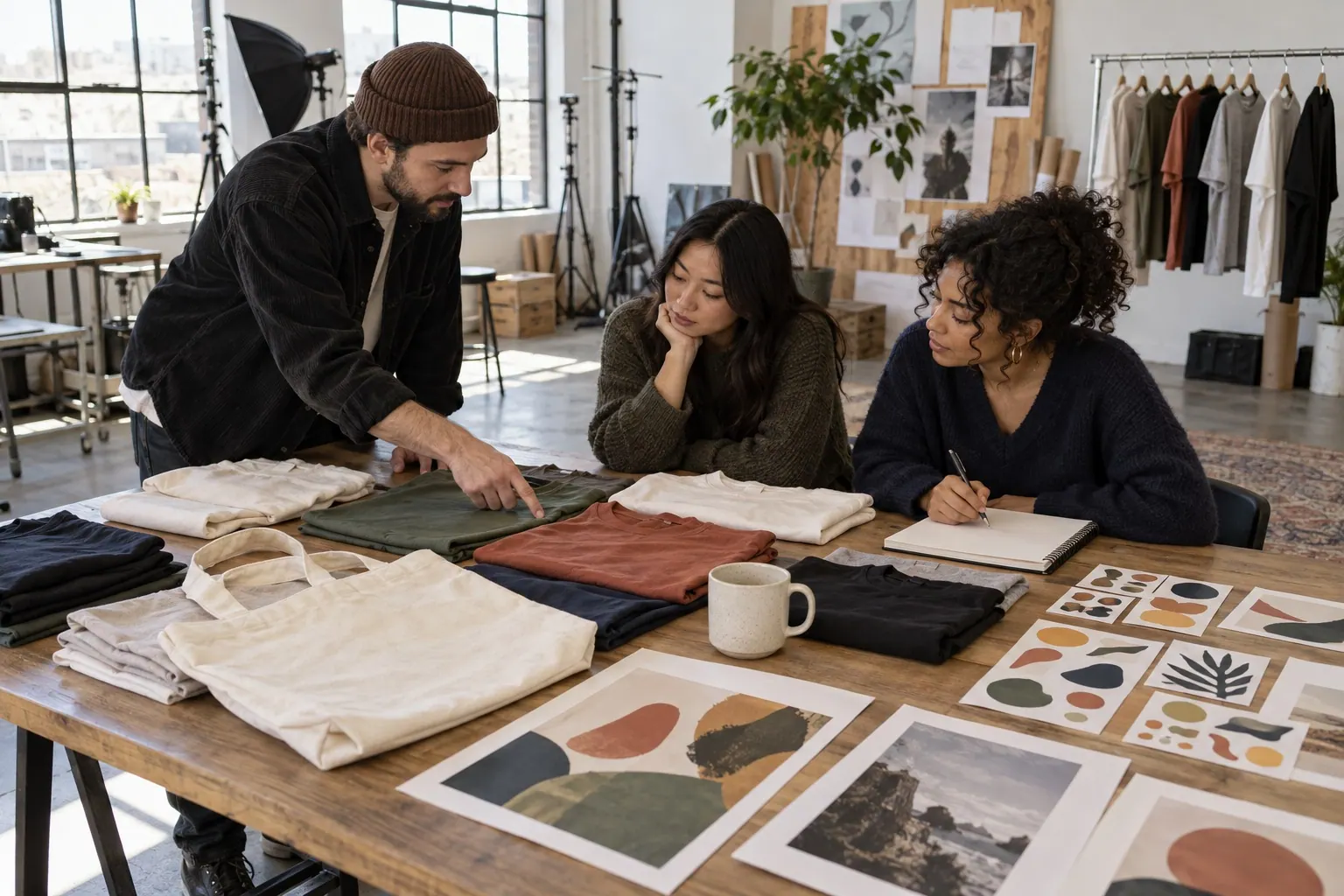 A creator and collaborators review folded apparel, fabric swatches, and design cards in a studio.