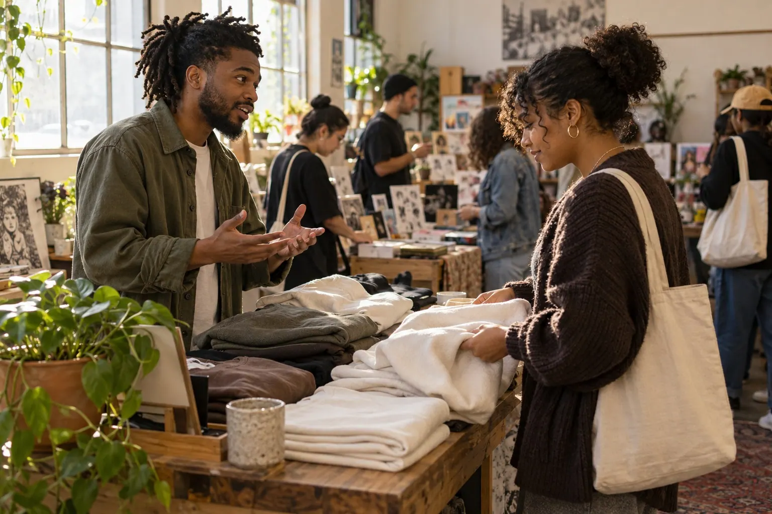 A creator discusses folded merchandise with a visitor at a small neighborhood pop-up.