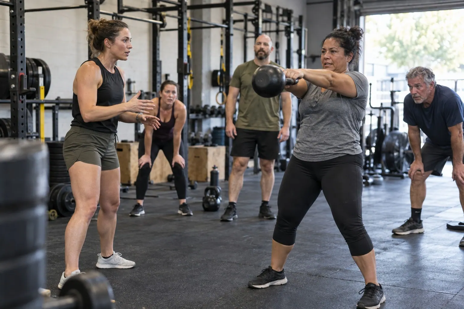 A fitness coach cues a mixed-age group during a strength session at a neighborhood gym.