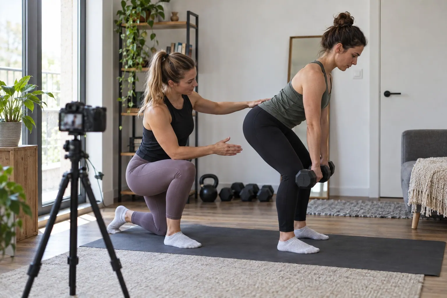 A fitness coach demonstrates a hip hinge to a client while a small camera records the session.