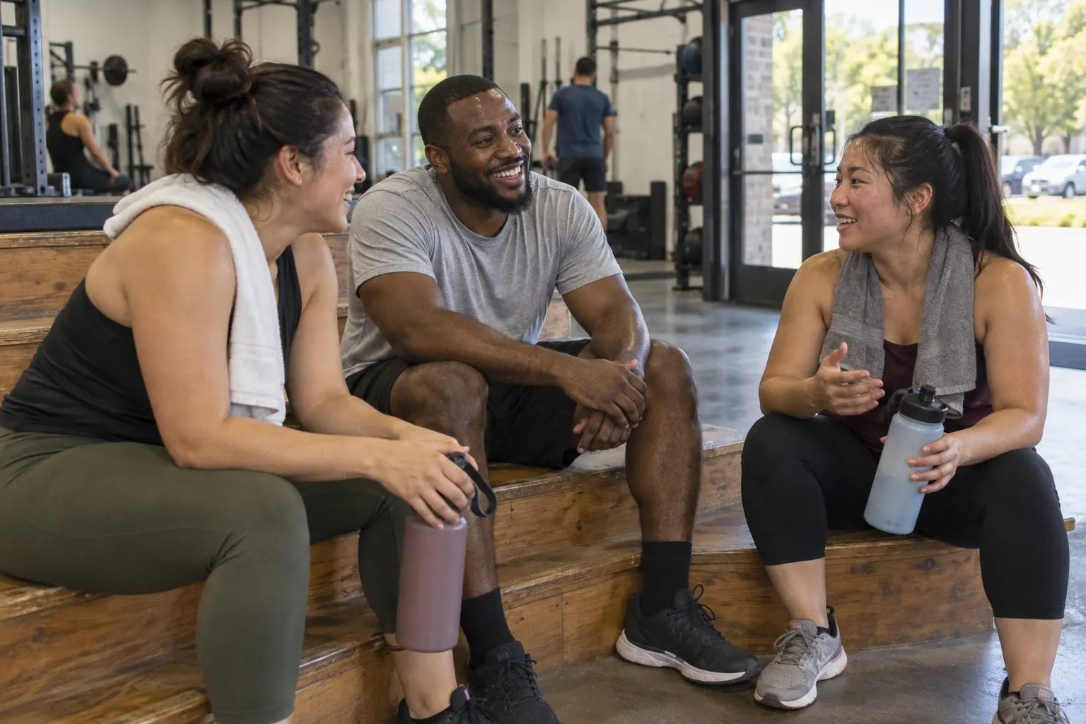 Three gym members talk after a workout, one wearing a plain cotton T-shirt.