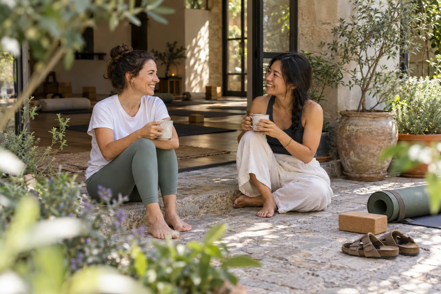 Two yoga students talk over tea after practice, one wearing a plain studio T-shirt.