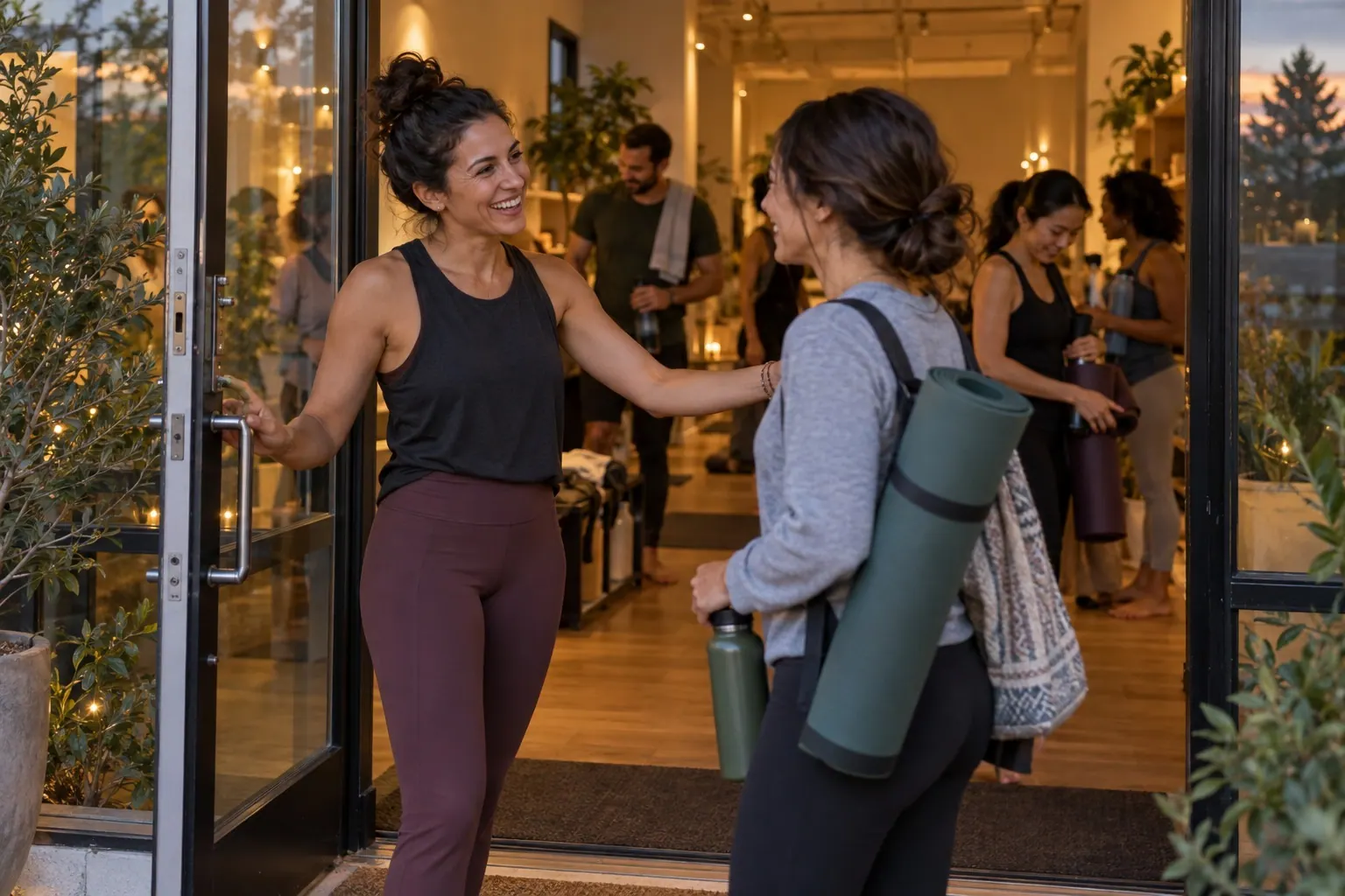 A yoga instructor welcomes returning students at the studio entrance after class.