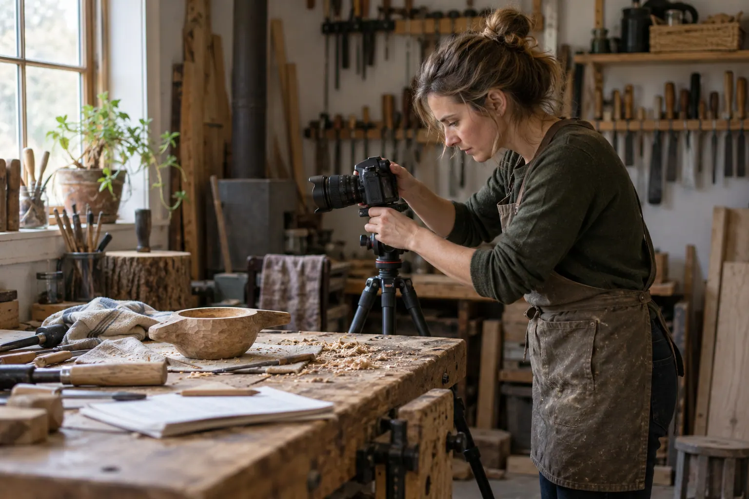 Independent woodworking instructor setting up a camera to record a practical lesson