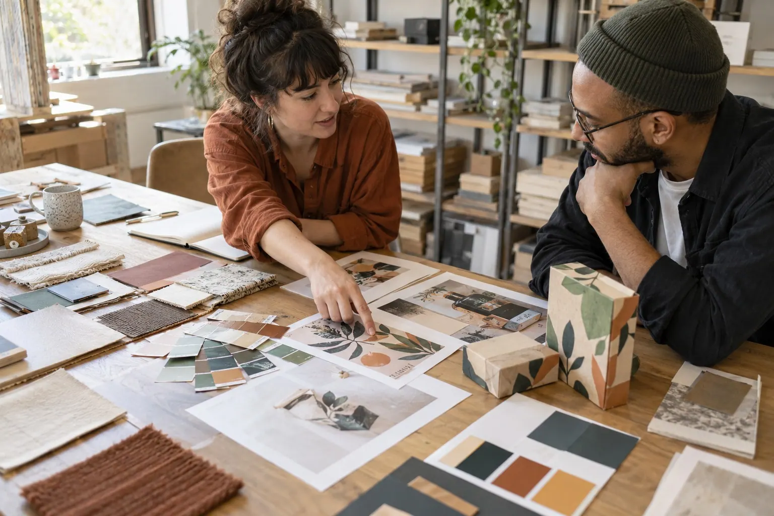 Product creator reviewing printed design samples and materials before publishing a digital guide