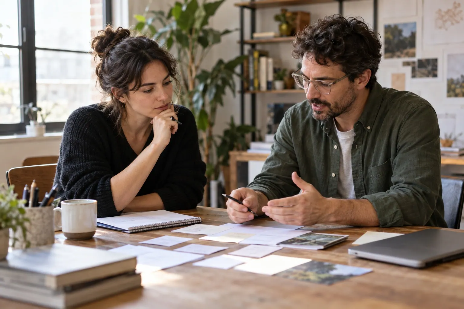 Two independent business partners reviewing product costs and budget notes at a studio table