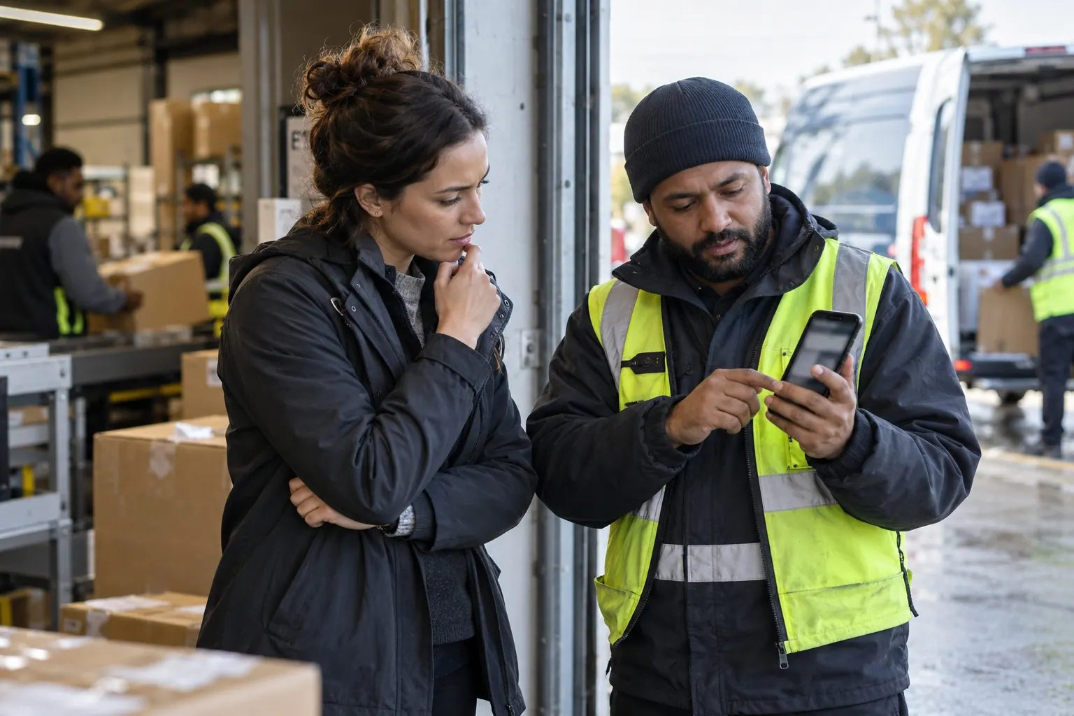 A campaign operator and delivery supervisor pause at a depot doorway to review an alert on a phone before taking action.