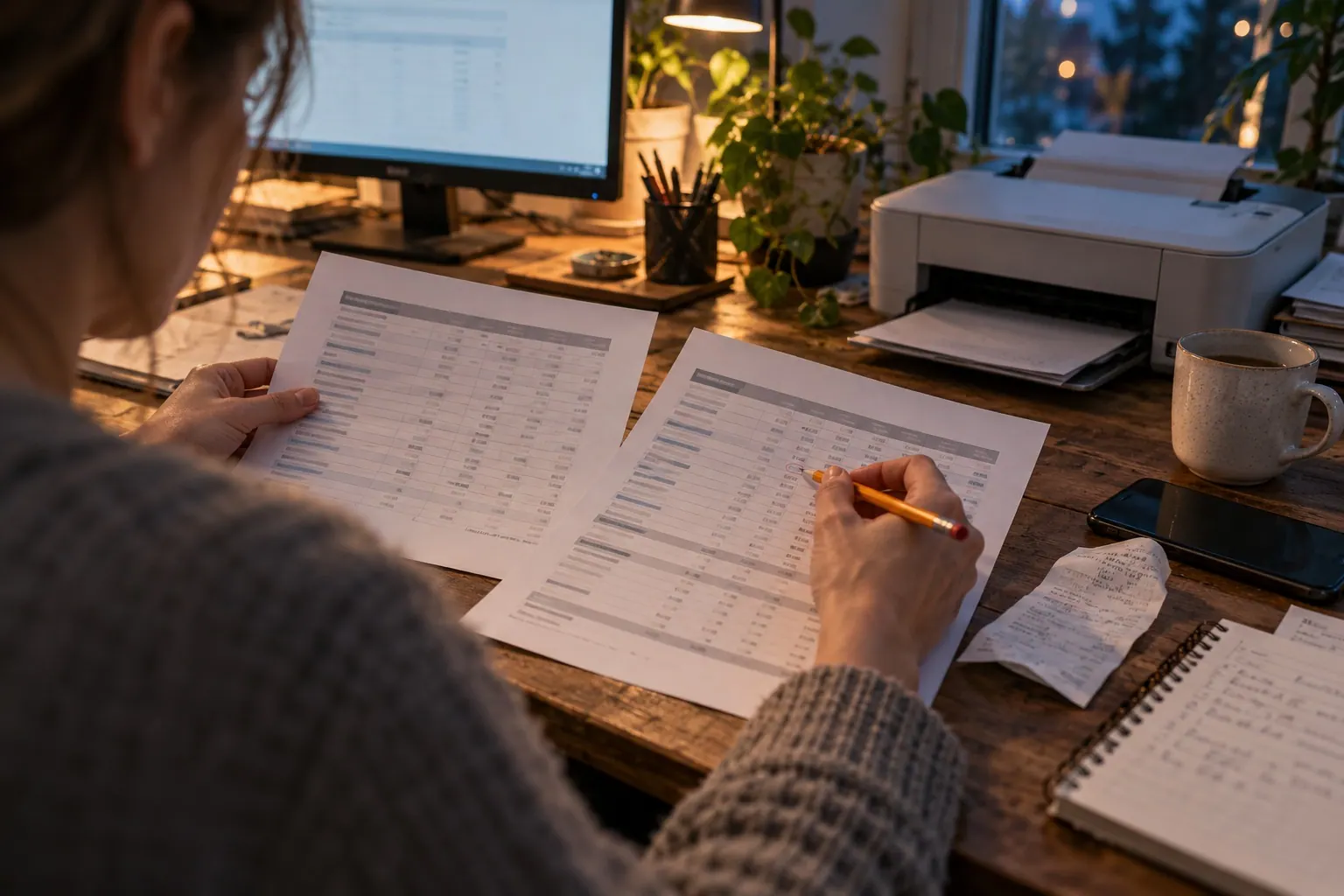 An operator compares printed campaign reports beside a printer while moving from manual reporting toward a data pipeline.