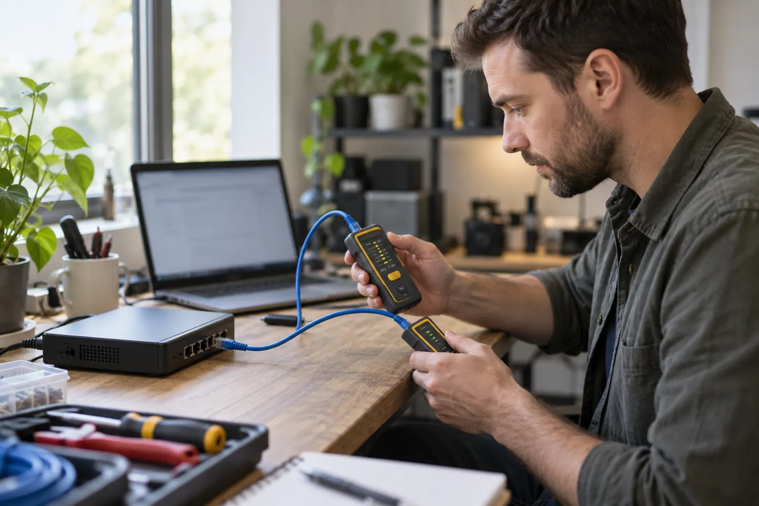 A technician tests a network gateway and Ethernet cable with a handheld cable tester at a workbench.