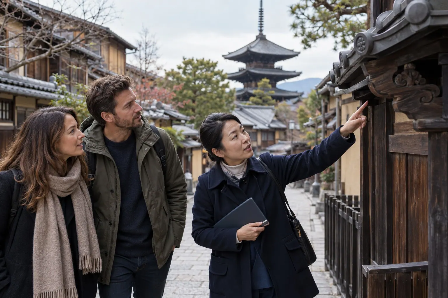 Local guide shows two travelers a neighborhood route as part of a separately arranged service.