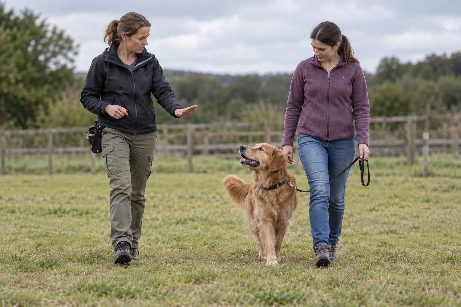 A canine behavior consultant demonstrates a calm leash-walking cue to a client and her dog.