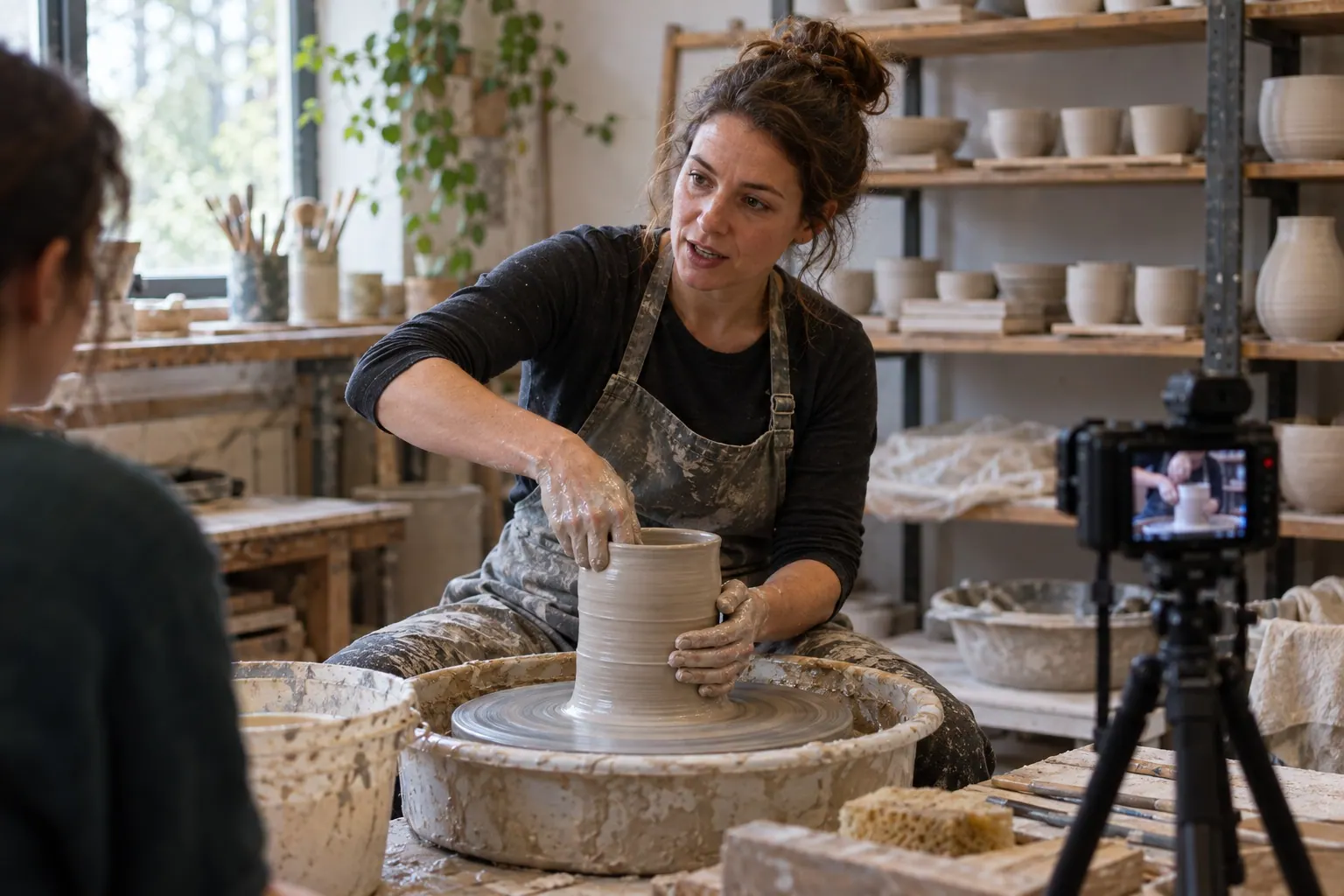 A ceramics instructor records a practical demonstration in a working studio.