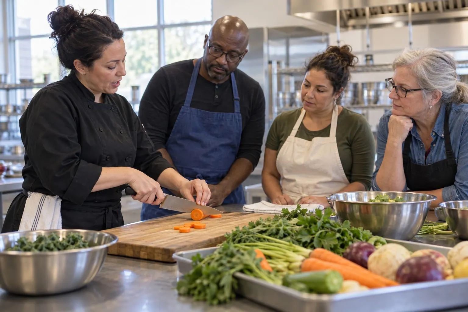 A chef teaches a practical method to a small group in a community kitchen.