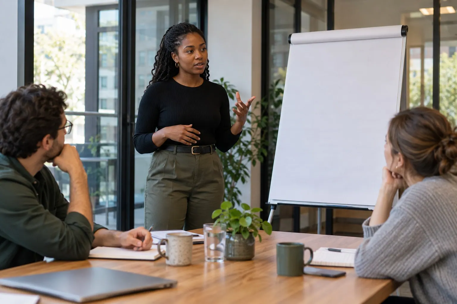 A learner practices presenting a new idea to two colleagues in a workroom.