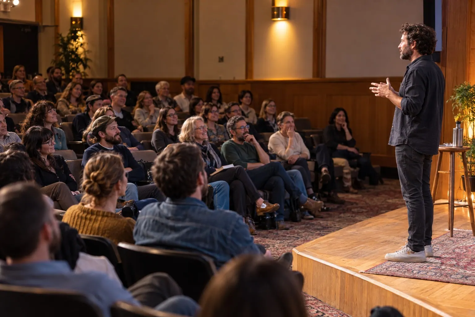 An expert speaks to a seated audience during a small public presentation.