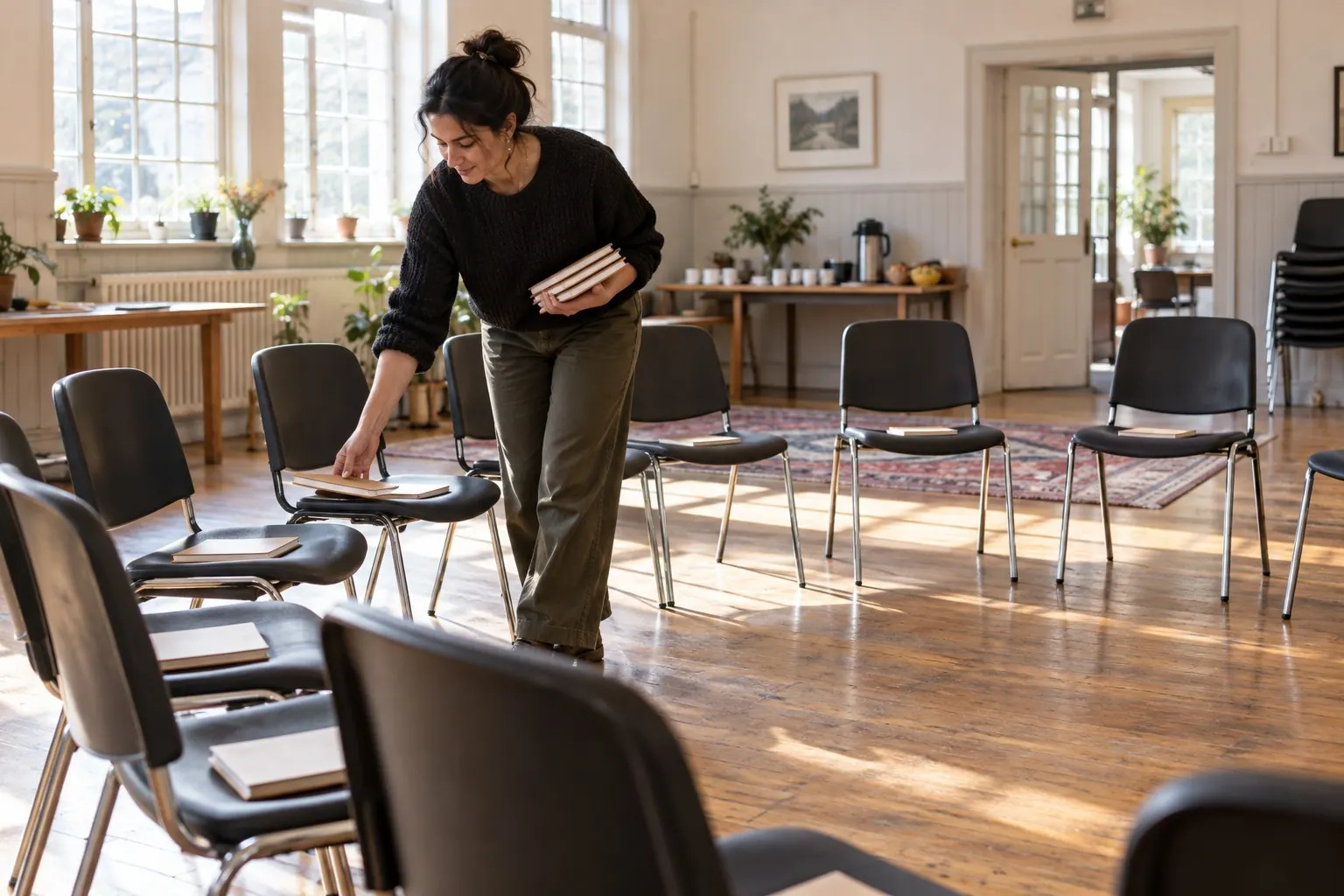 An organizer arranges chairs and notebooks in a bright room before a small group arrives.