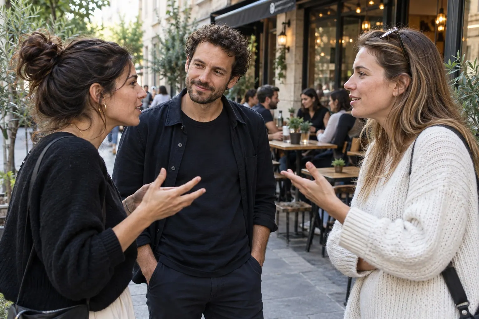 Three audience members exchange ideas during a relaxed conversation at an outdoor café.
