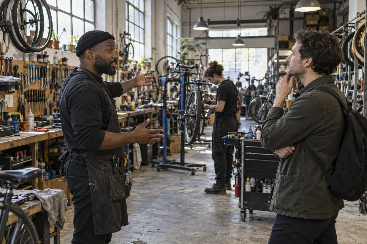 A bicycle-shop owner explains the repair workflow to a visiting designer.
