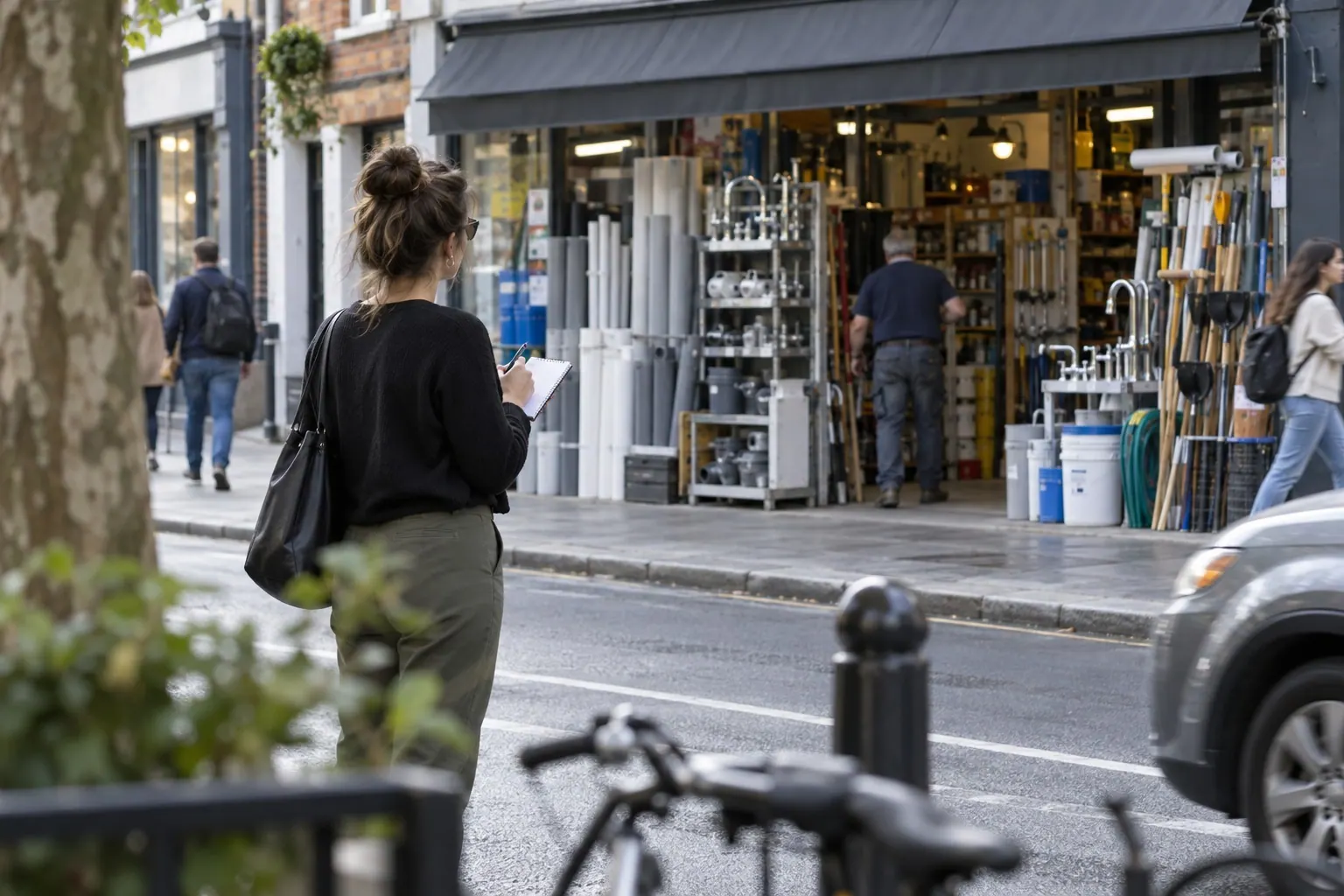 A freelance researcher observes a neighborhood service business from across a commercial street.