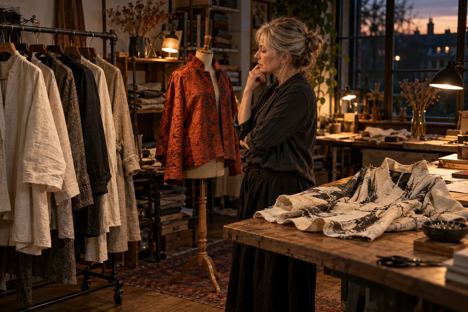 A creative director arranges core, seasonal, and experimental pieces in a clothing studio.
