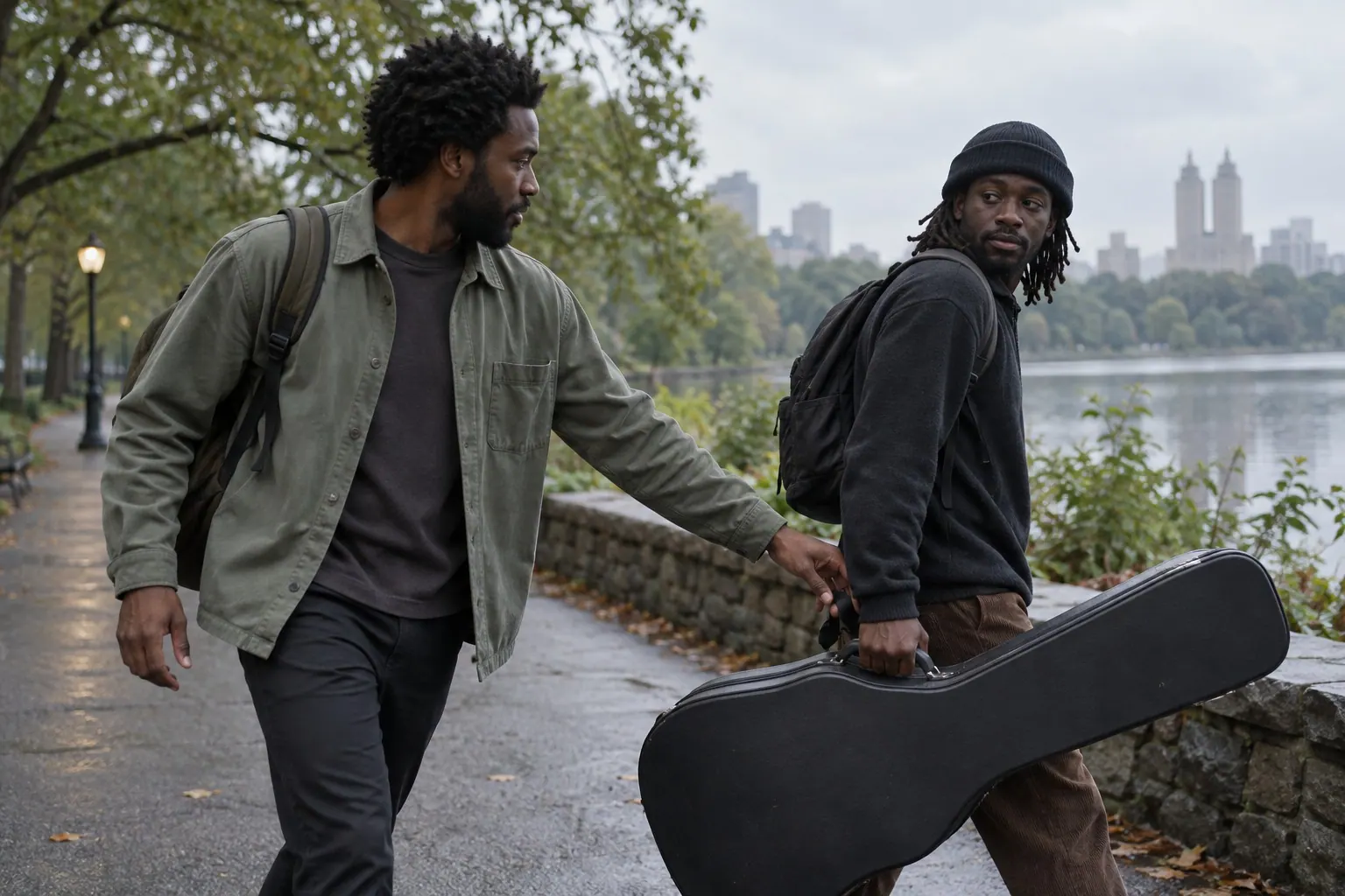 A music creator wears an overshirt outdoors while carrying his guitar.