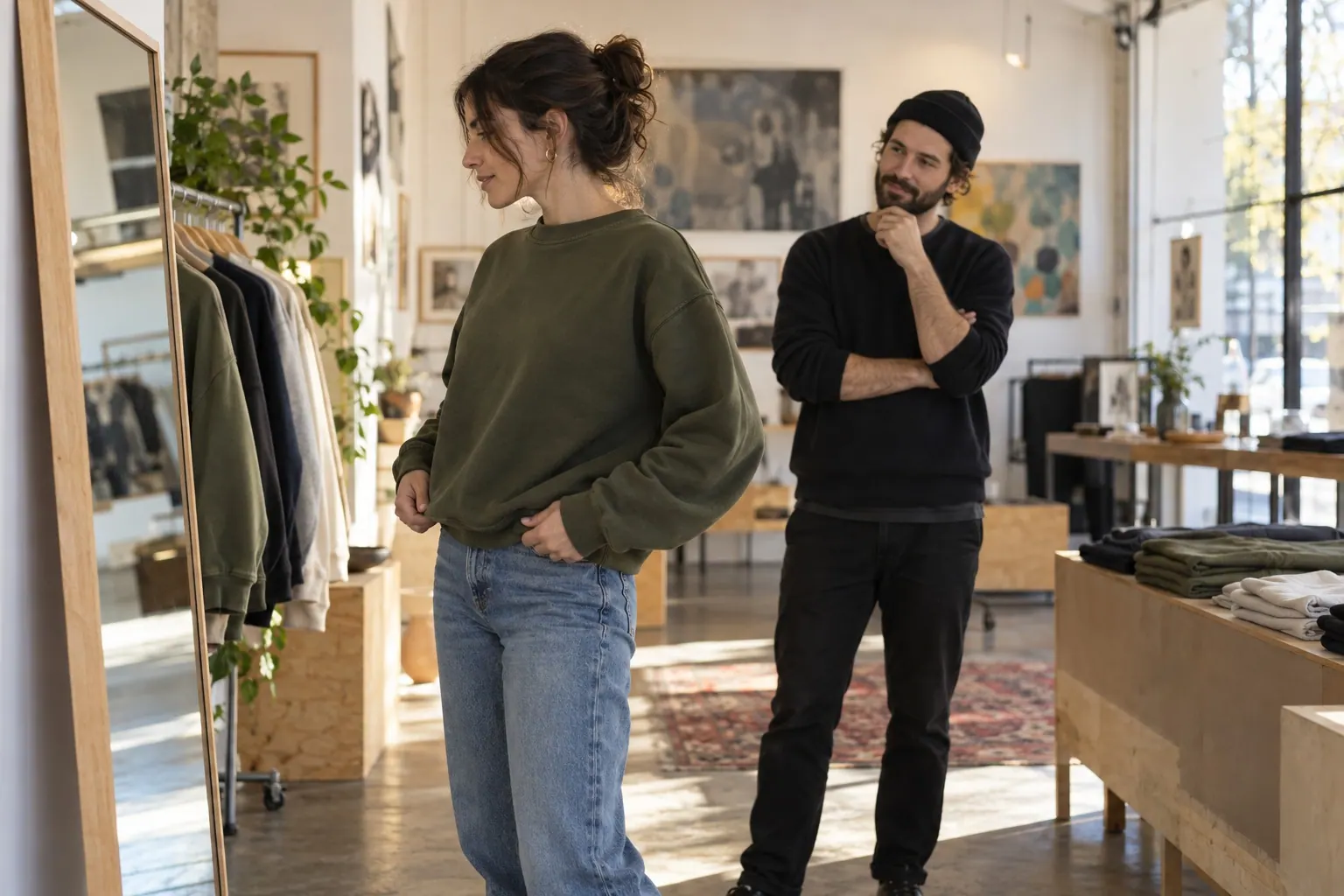 A visitor tries on a creator-owned jacket at a small independent brand pop-up.