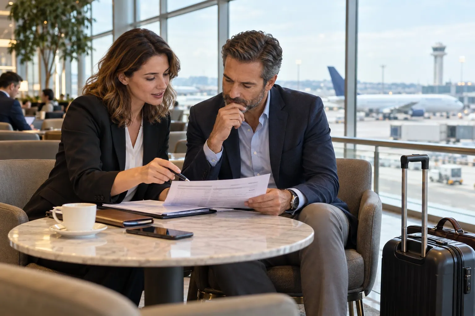 A travel advisor reviews a client’s corporate trip plan with a business traveler in an airport lounge, with luggage and aircraft visible beyond the windows.