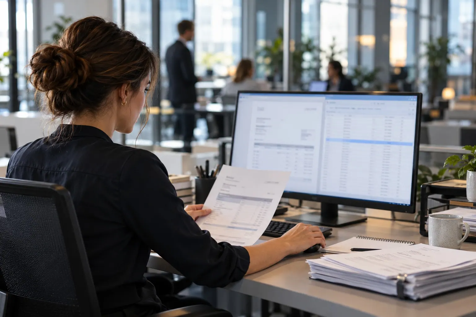 A travel operations coordinator checks a booking document at a desktop monitor in a shared travel office, with private screen details blurred and unreadable.