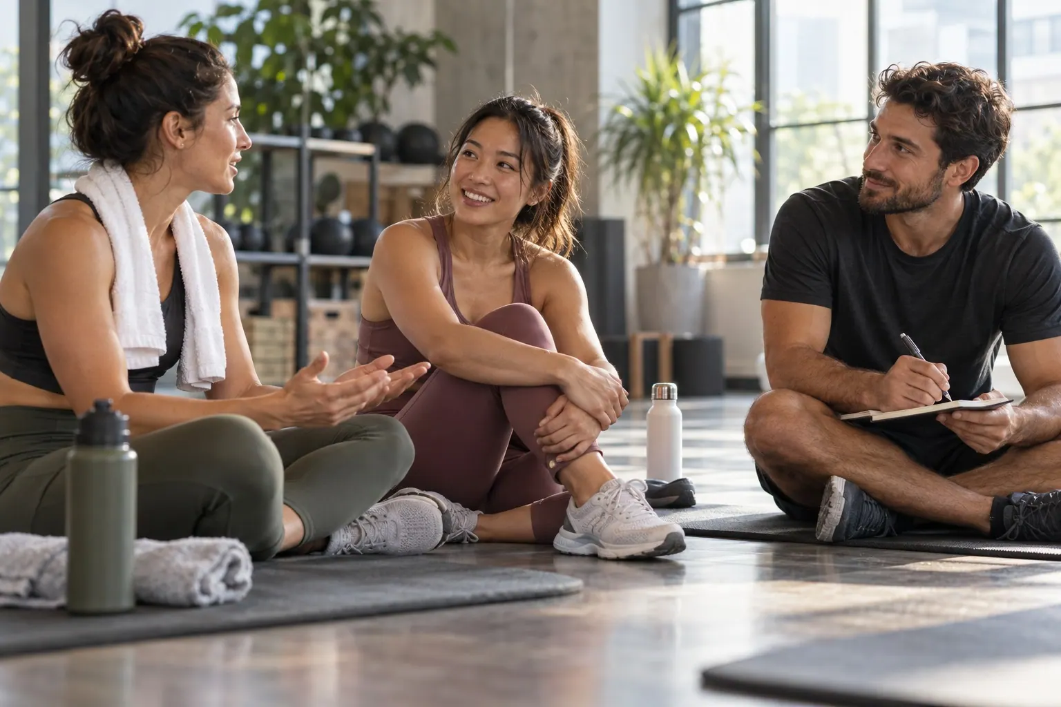 A fitness coach listens to participants after a small group class as they discuss wellness routines, with no branded products or testimonial posing.