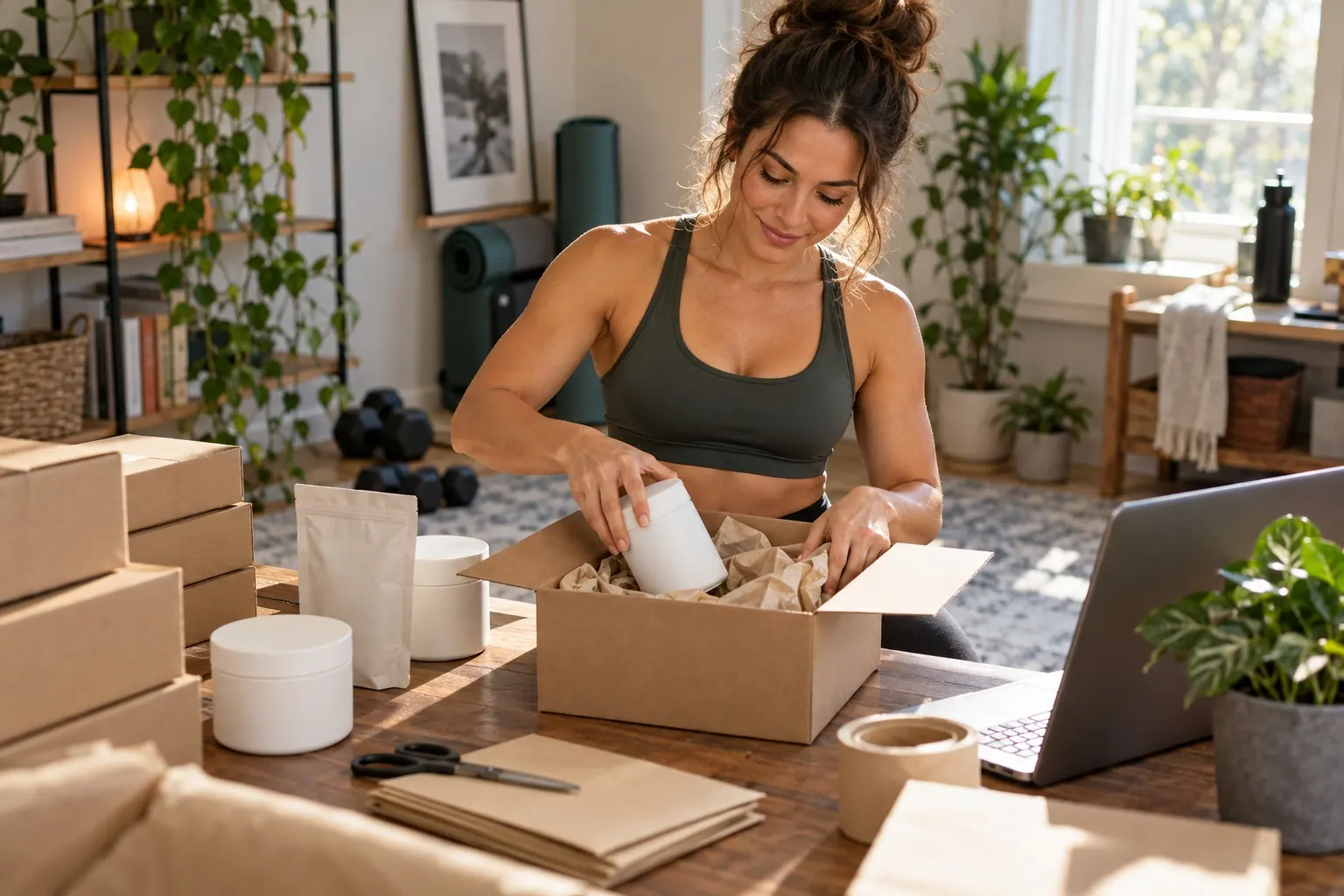 A fitness creator packs a plain wellness product order at a home worktable, checking an unbranded carton and packing material.