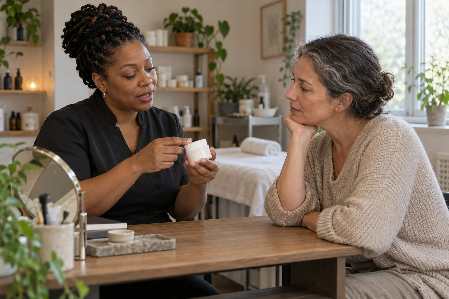 An esthetician discusses a plain, unbranded skincare jar with a client in a modest treatment room.