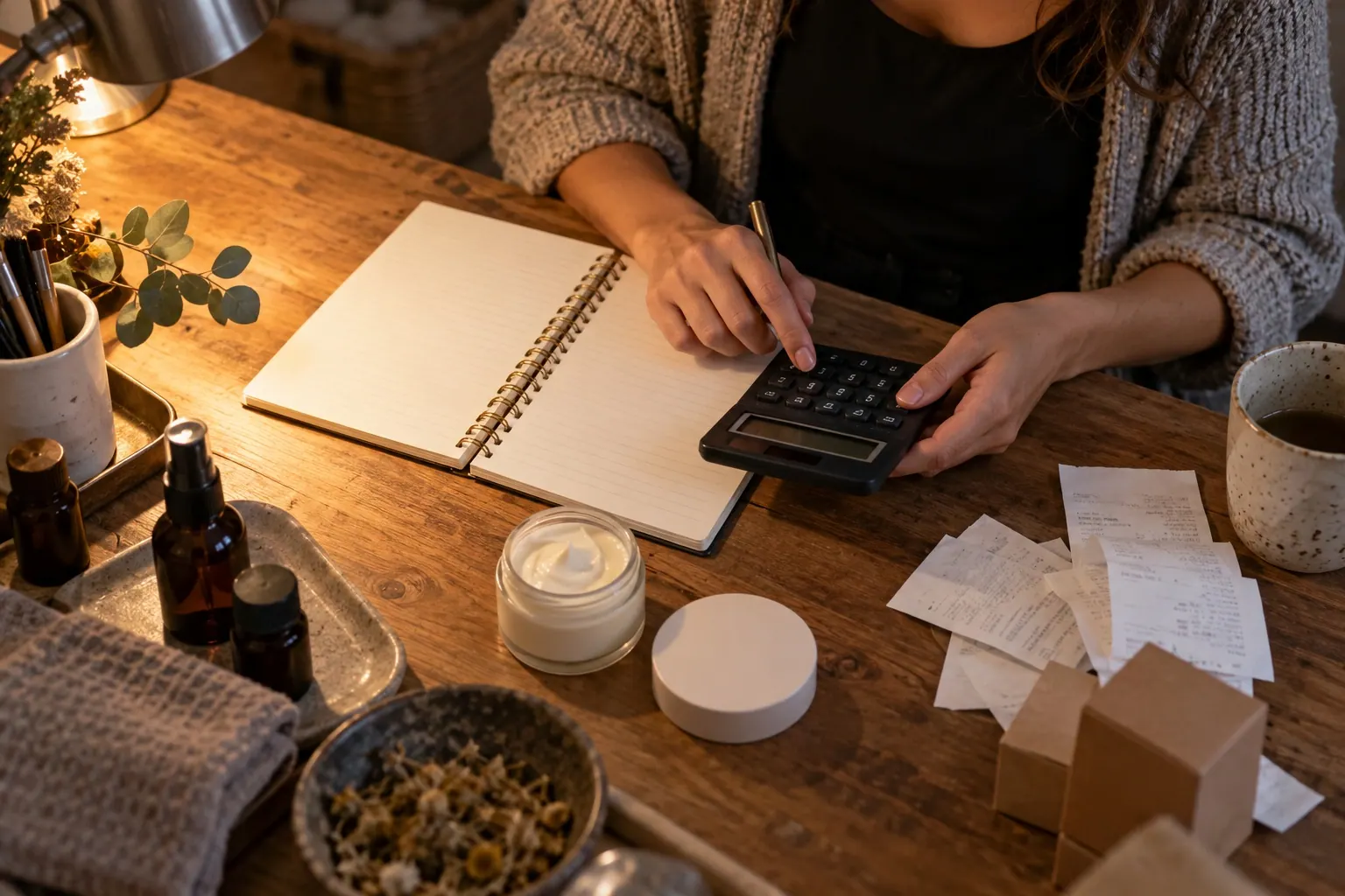 An independent spa owner uses a calculator beside a plain skincare jar, an open notebook, and order receipts at the end of the day.