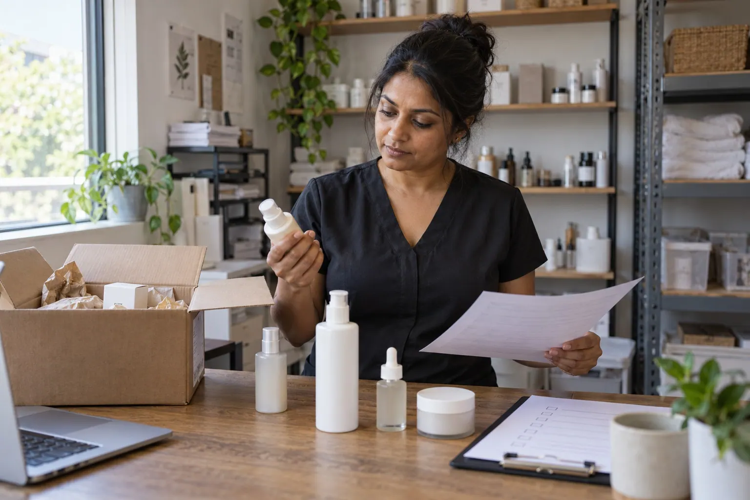A small spa owner in a back office compares a few unbranded skincare samples and checks an order sheet beside an open carton.